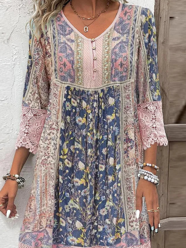 Women's Three Quarter Sleeve Spring/Fall Pink Floral Split Joint V Neck Daily Going Out Vintage Maxi A-Line T-Shirt Dress Dress