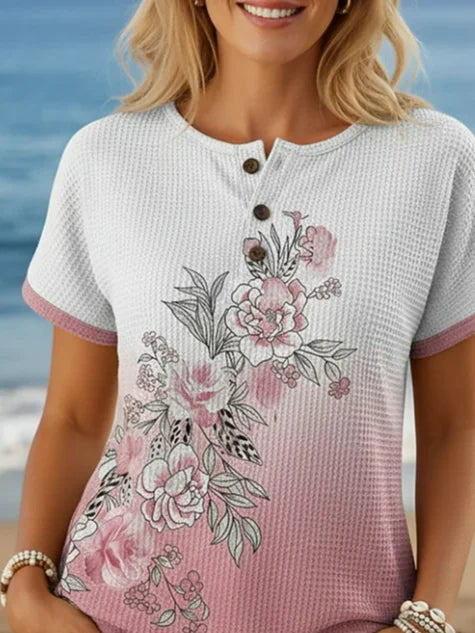 Women's Short Sleeve T-shirt Summer Pink Floral Printing Crew Neck Daily Going Out Vintage Top