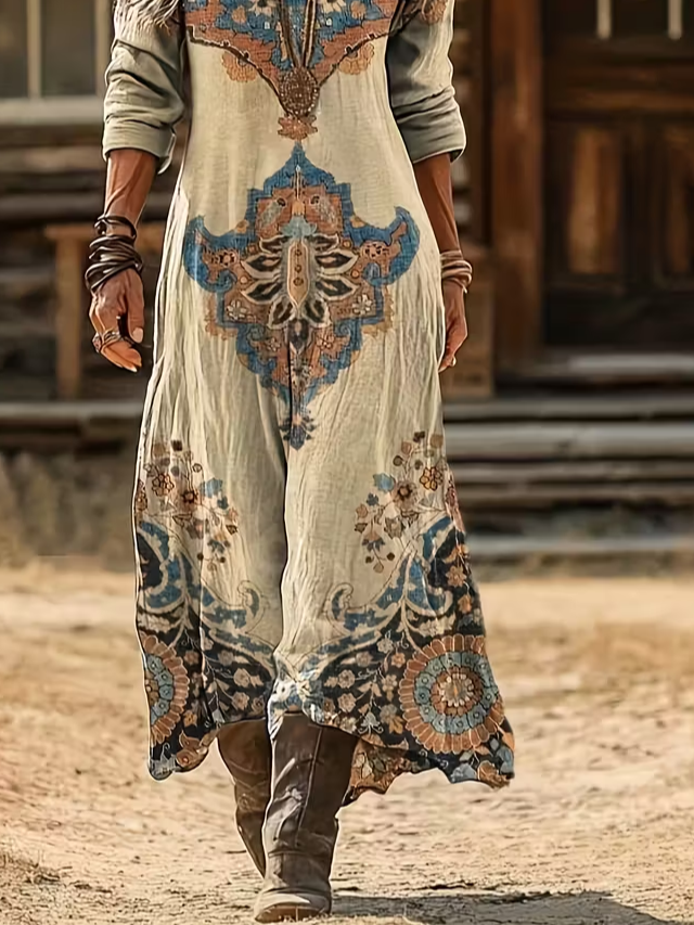 Women's Long Sleeve Spring/Fall Khaki Abstract Printing V Neck Daily Going Out Vintage Maxi H-Line Dress