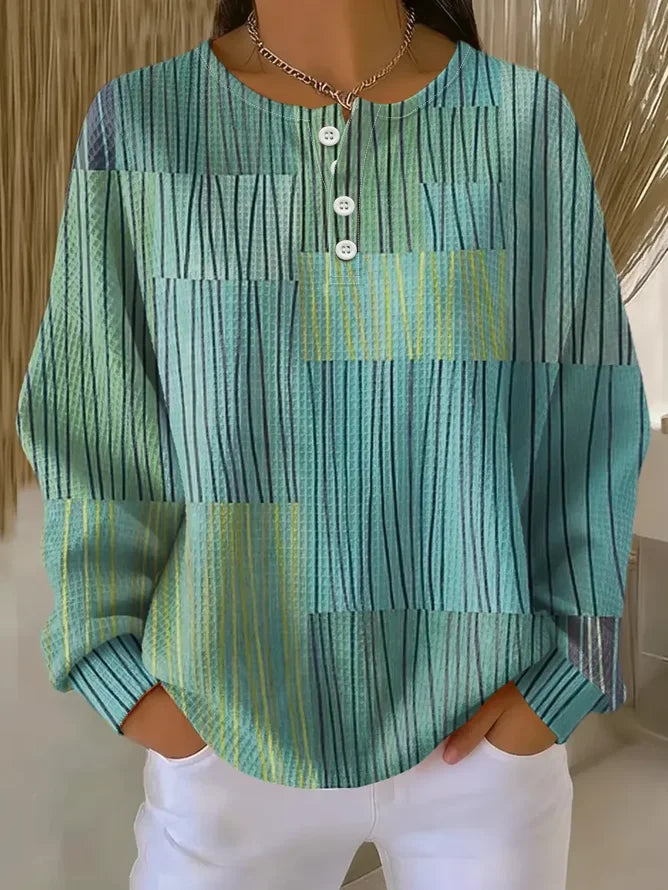 Women's Abstract Print Button-Up Casual Waffle Knit Sweatshirt