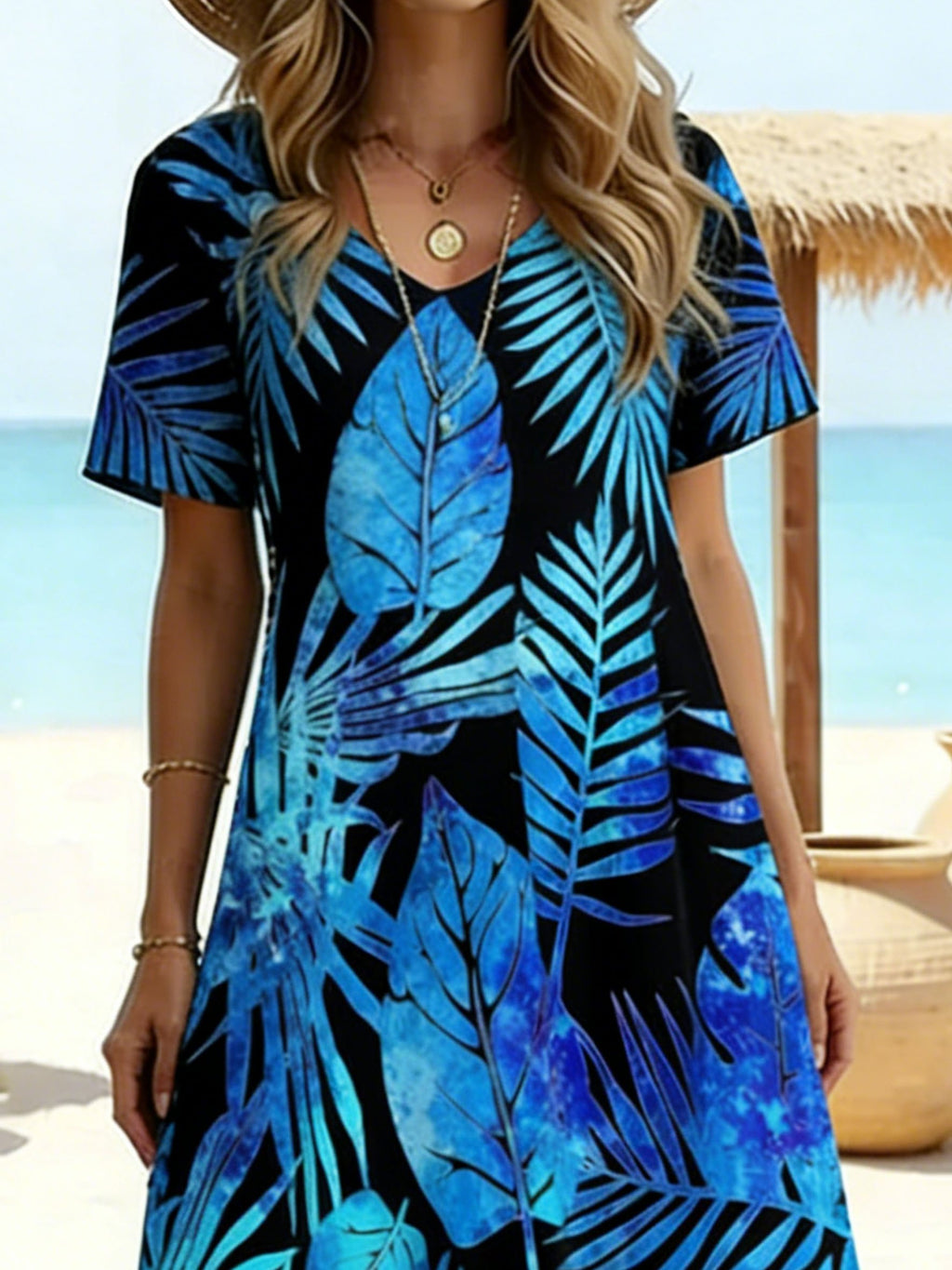 Women's Short Sleeve Summer As Picture Tropical Printed V Neck Short Sleeve Daily Going Out Casual Maxi A-Line T-Shirt Dress