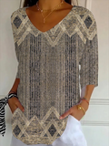 Women's Three Quarter Sleeve T-shirt Spring/Fall Brown Abstract Printing V Neck Daily Going Out Casual Top