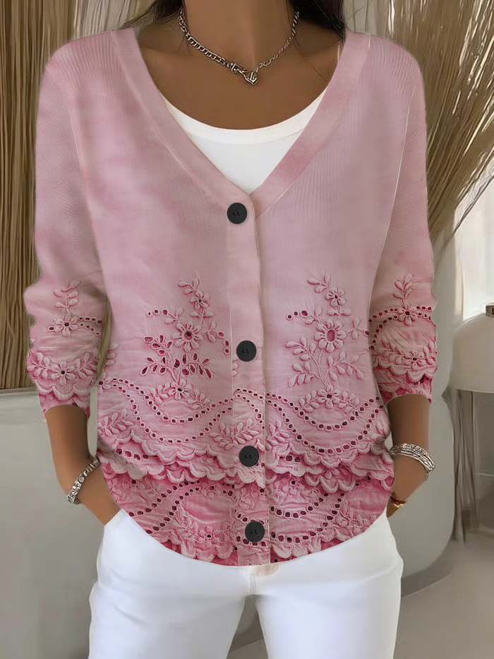 Women's Floral Print Casual Long Sleeve V-Neck Knitted Button Cardigan