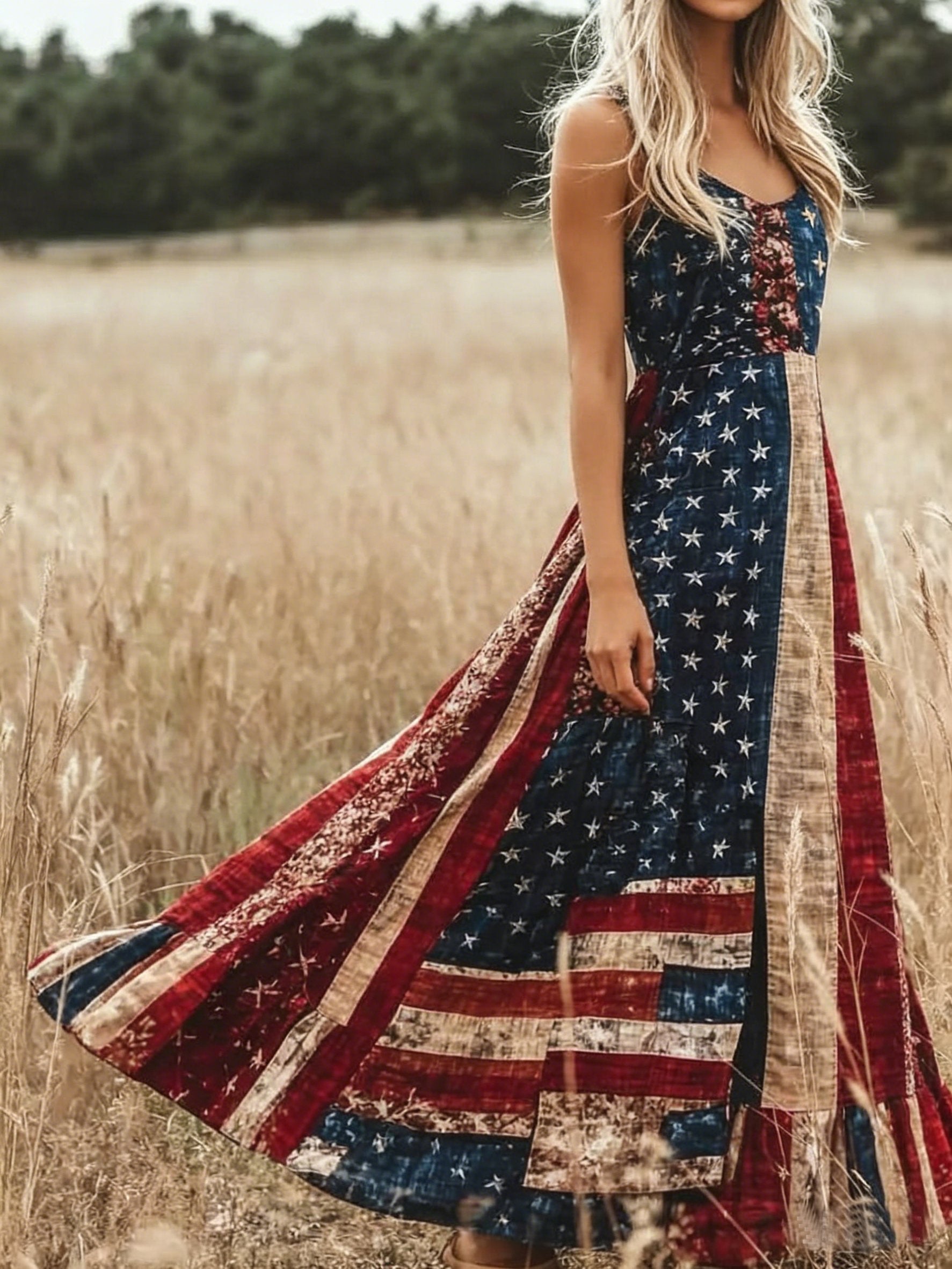 Women America Flag Summer Dress V Neck Sleeveless A-Line Dress