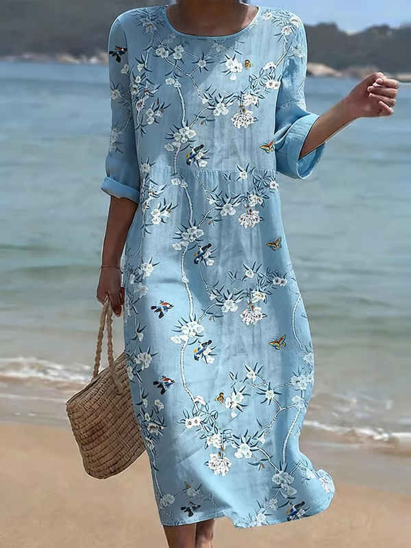 Vintage Floral Loose Linen Blend Dress With No