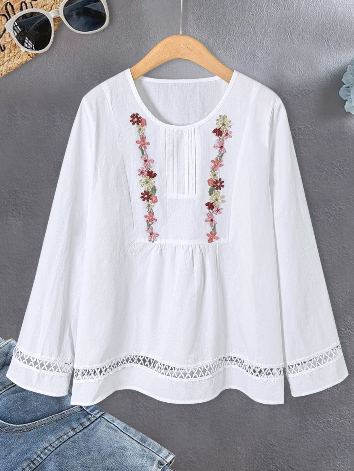 Women's Long Sleeve Shirt Spring/Fall White Floral Split Joint Cotton Crew Neck Daily Going Out Casual Top