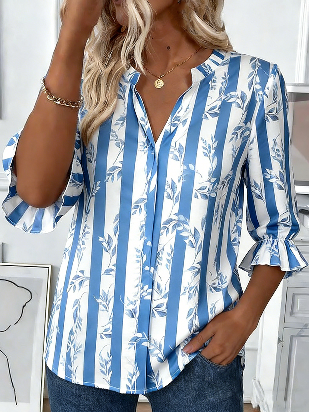 Elegant Botanical Pattern Linen Blend V Neck Shirt