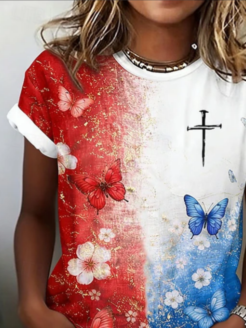 Women's Short Sleeve T-shirt Summer White Independence Day (Flag) Printing Jersey Crew Neck Daily Going Out Casual Top