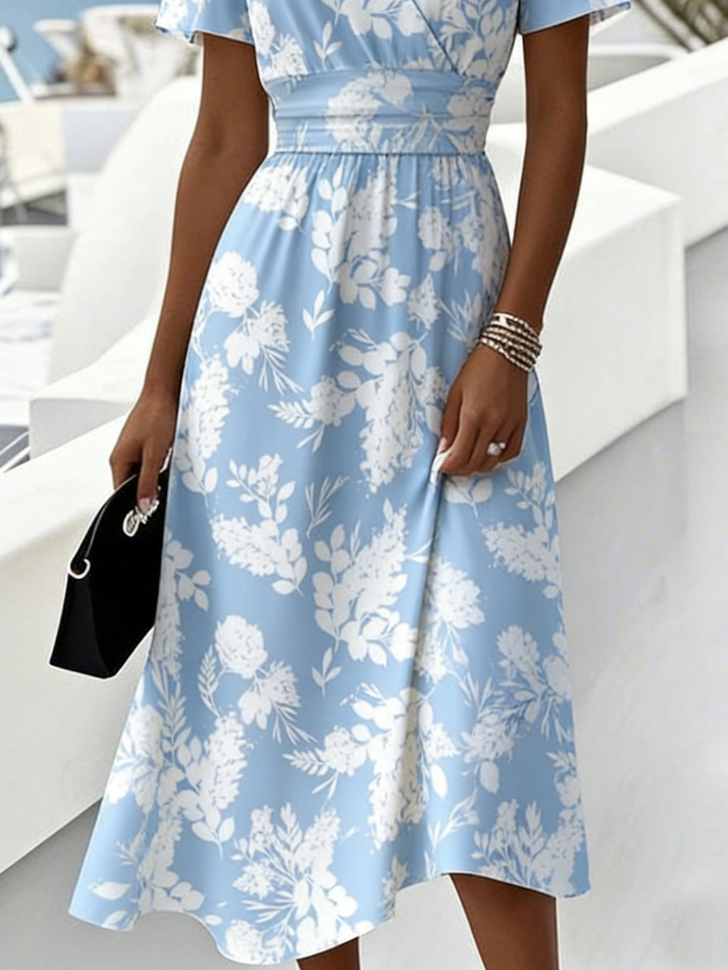 Floral Printed V Neck Short Sleeve Summer Casual Maxi Dress