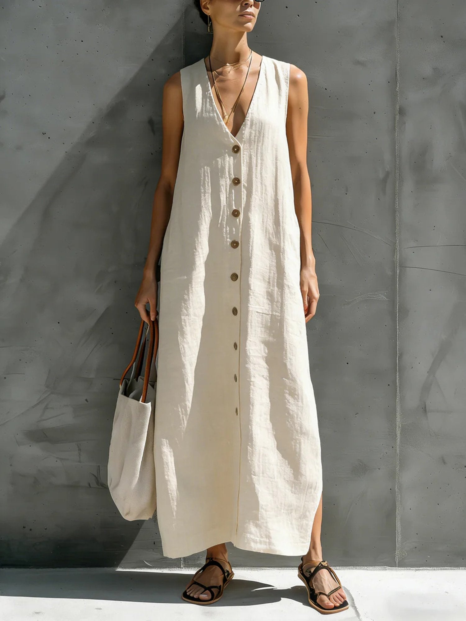 Casual Plain Buttoned V Neck Maxi Dress