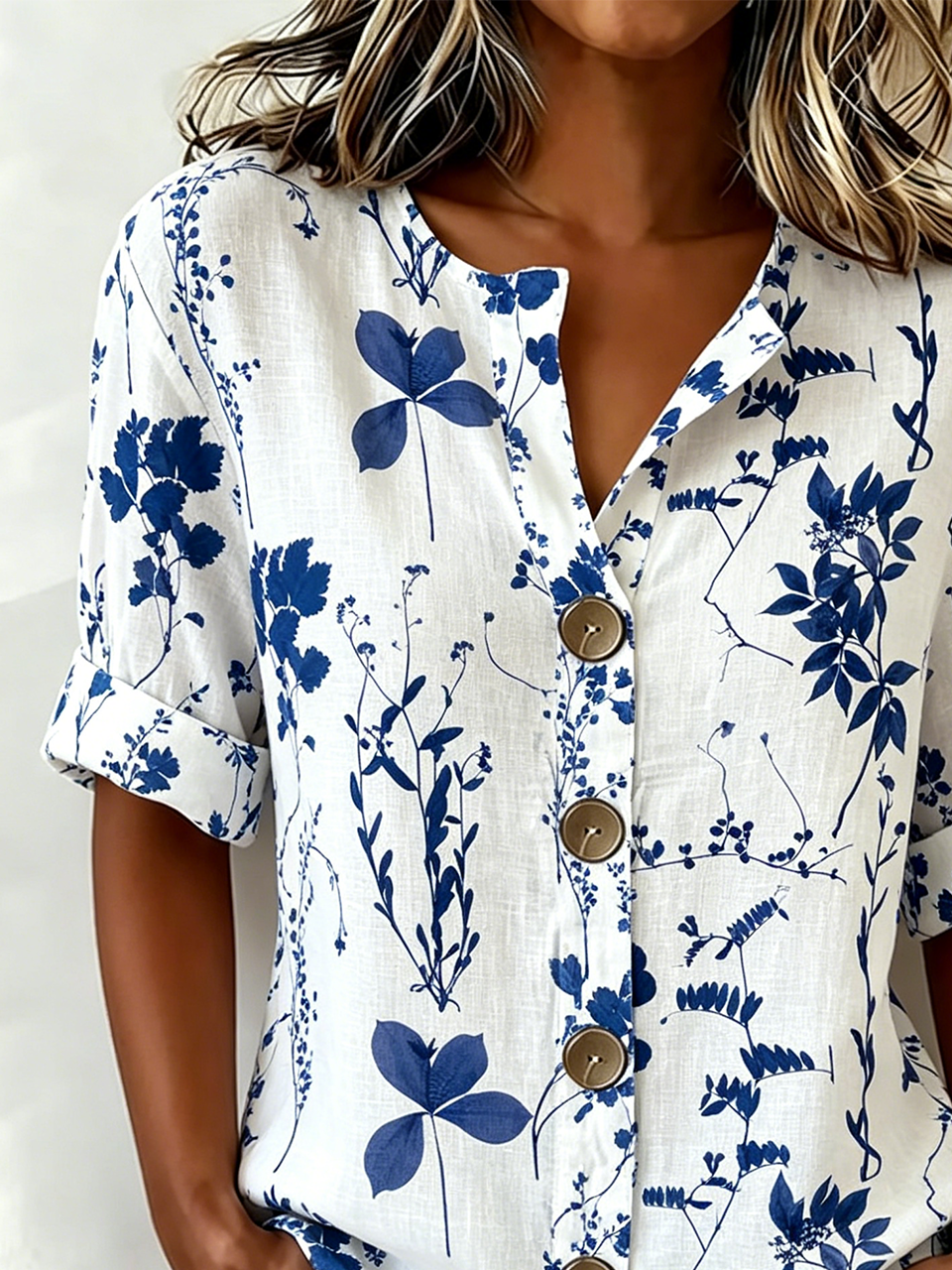 Women's White Blue Botanical Print Blouse Short Sleeve Button Down Casual Top