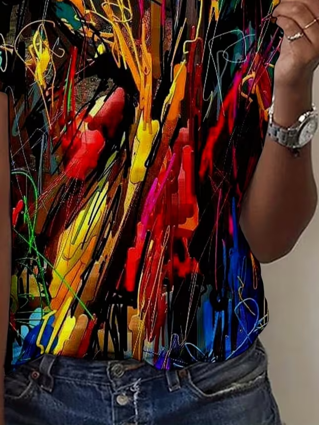 Women's Short Sleeve T-shirt Summer As Picture Abstract Printing Jersey Crew Neck Daily Going Out Casual Top
