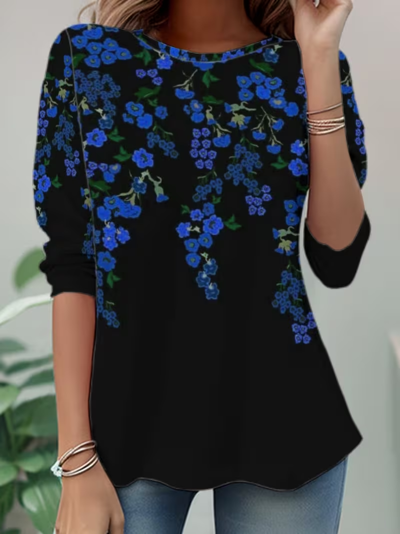 Women's Long Sleeve T-shirt Spring/Fall Black Floral Jersey Crew Neck Daily Going Out Casual Top