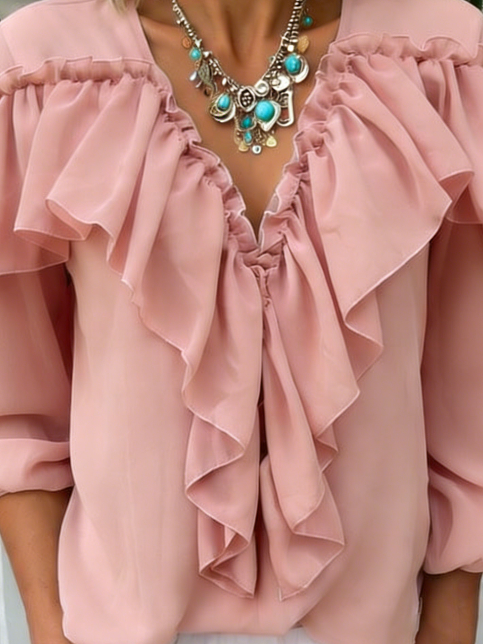 Loose Elegant Lotus Leaf Collar Balloon Sleeve Shirt