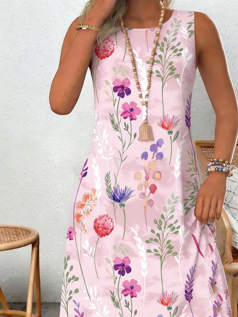 Floral Loose Casual Crew Neck Dress With No