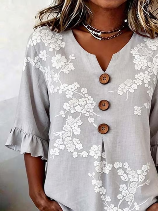 Women's Half Sleeve Blouse Summer Light Gray Floral Printing V Neck Daily Going Out Vintage Top