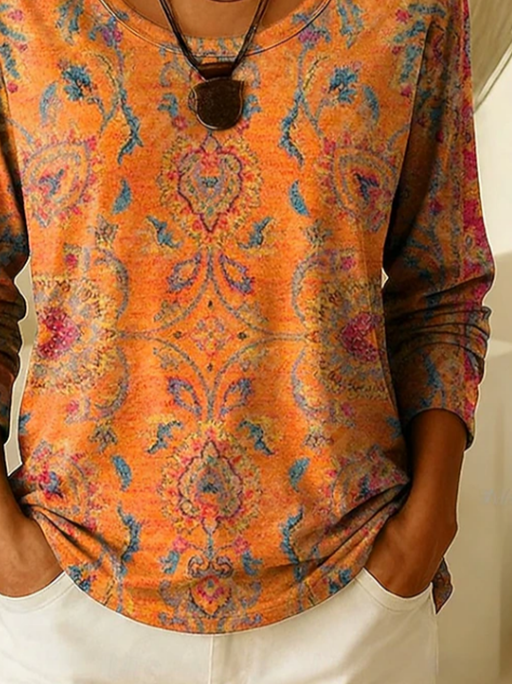 Women's Long Sleeve T-shirt Spring/Fall Orange Floral Printing Jersey Crew Neck Daily Going Out Casual Top