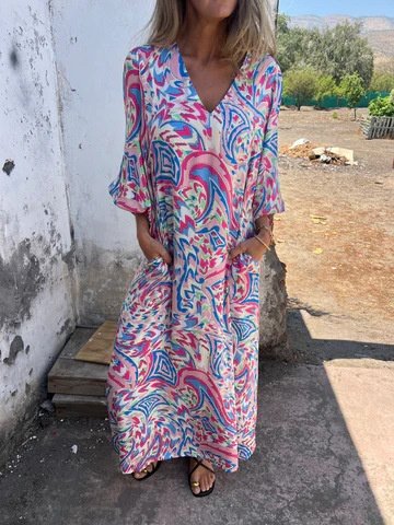 Women's Long Sleeve Spring/Fall Army Green Floral Split Joint V Neck Balloon Sleeve Daily Going Out Vintage Maxi A-Line T-Shirt Dress Dress