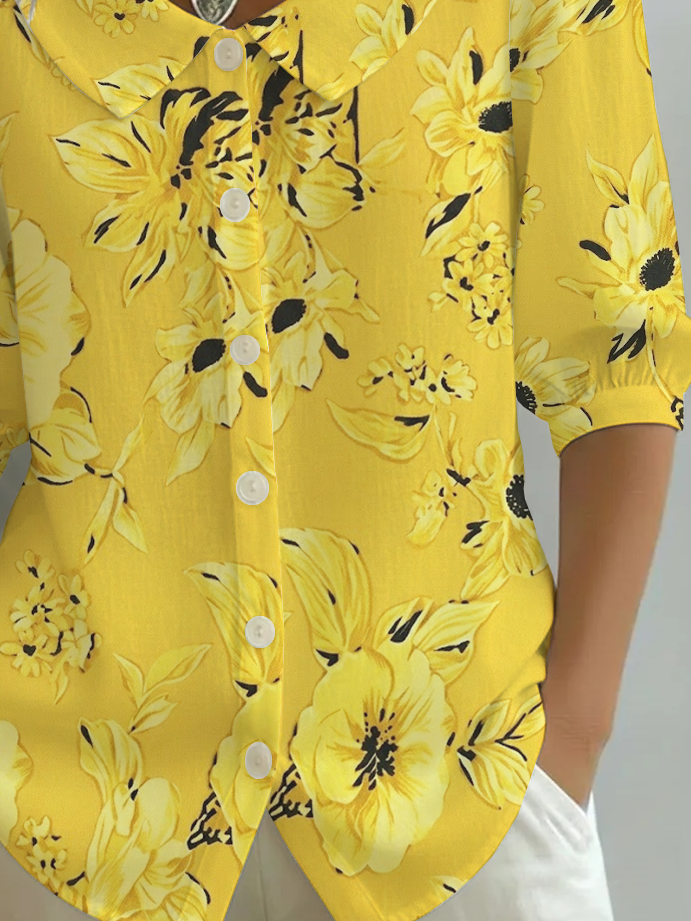 Women's Half Sleeve Shirt Summer Yellow Floral Printing Shawl Collar Daily Going Out Casual Top