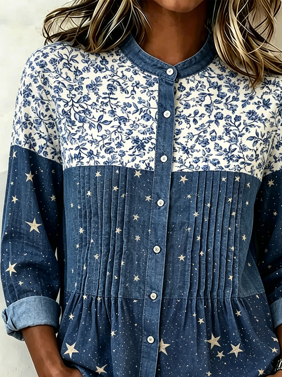 Elegant Linen Blend Floral Ruched Shirt