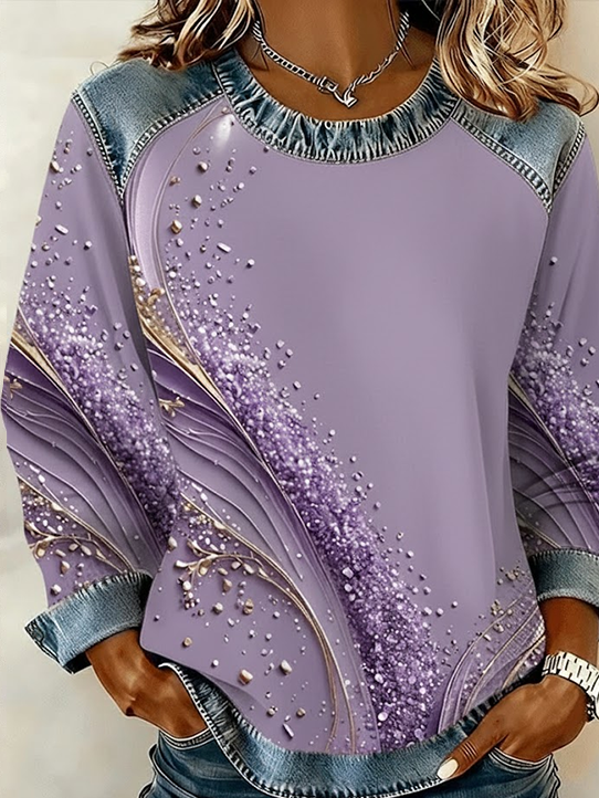 Women's Abstract Print Patchwork Denim Crewneck Long-Sleeved Sweatshirt