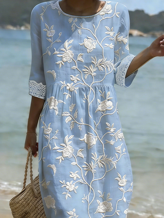 Women's Half Sleeve Summer Blue Floral Printing Crew Neck Daily Going Out Casual Maxi H-Line Dress