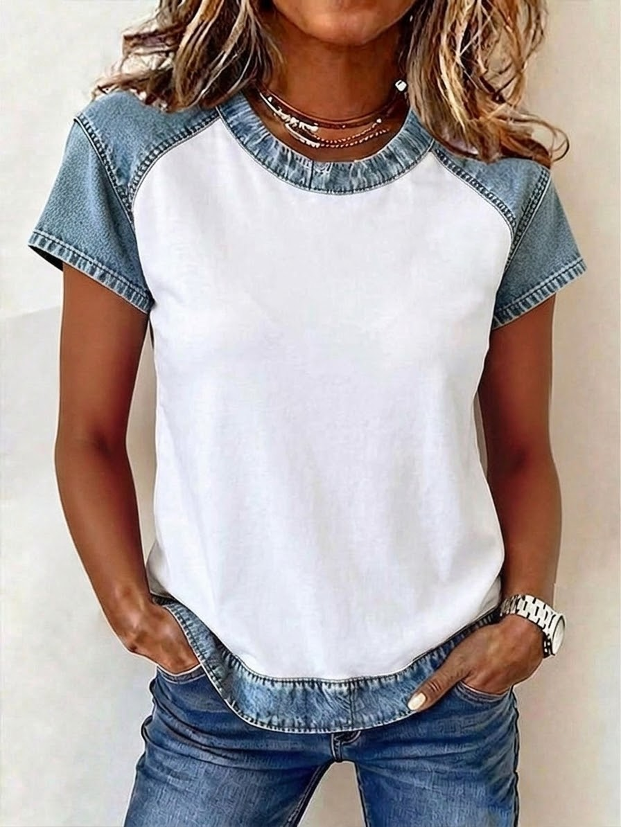 Women's Denim patchwork Short Sleeve T-shirt Summer White Plain Crew Neck Daily Going Out Casual Top