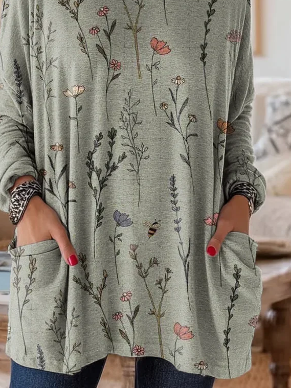 Women's Long Sleeve T-shirt Spring/Fall Green Floral Printing Crew Neck Daily Going Out Vintage Top