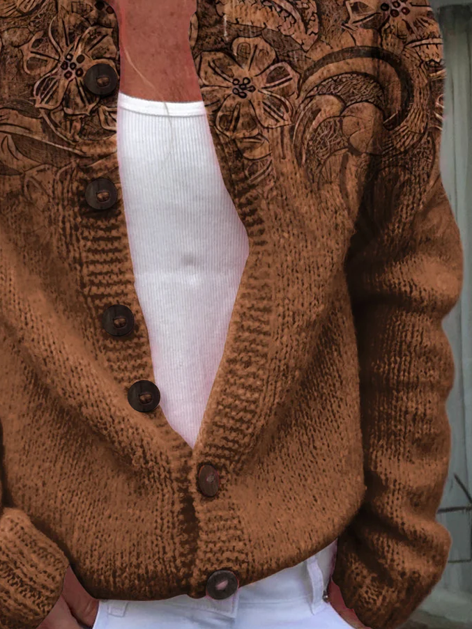 Vintage Printing Crew Neck Floral Cardigan
