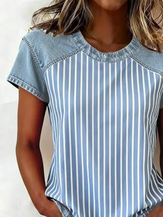 Women's Short Sleeve T-shirt Summer Blue Striped Printing Crew Neck Daily Going Out Vintage Top