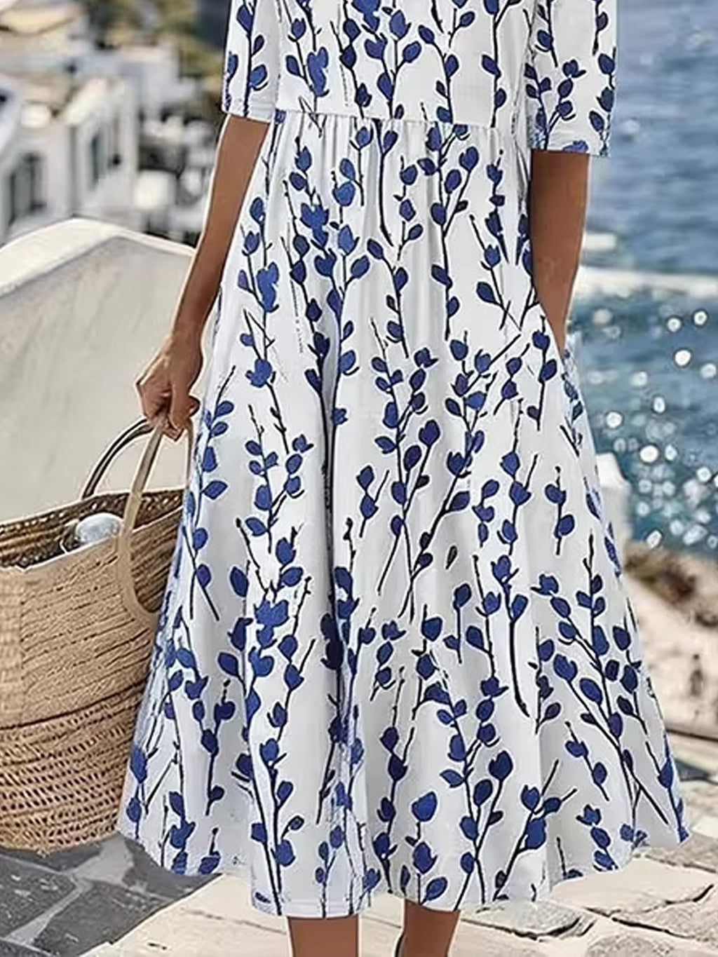 Vintage Floral Round Neck Short Sleeve Casual Dress