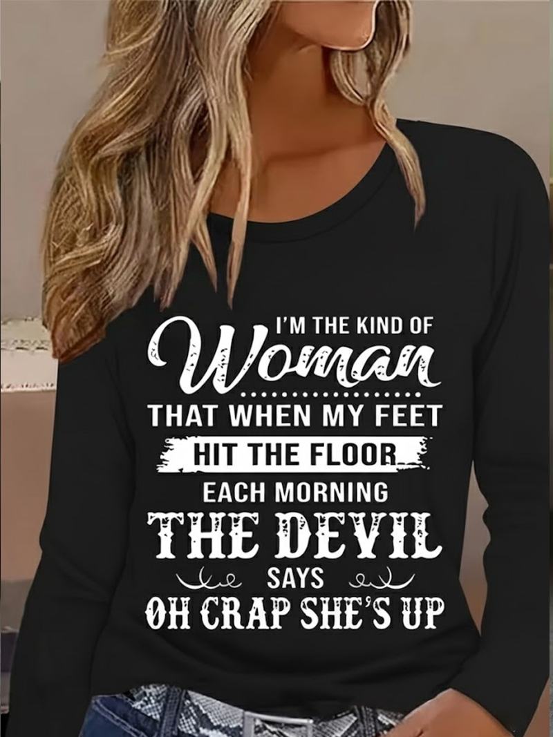 Women's Long Sleeve T-shirt Spring/Fall Black Text Letters Printing Jersey Crew Neck Daily Going Out Casual Top