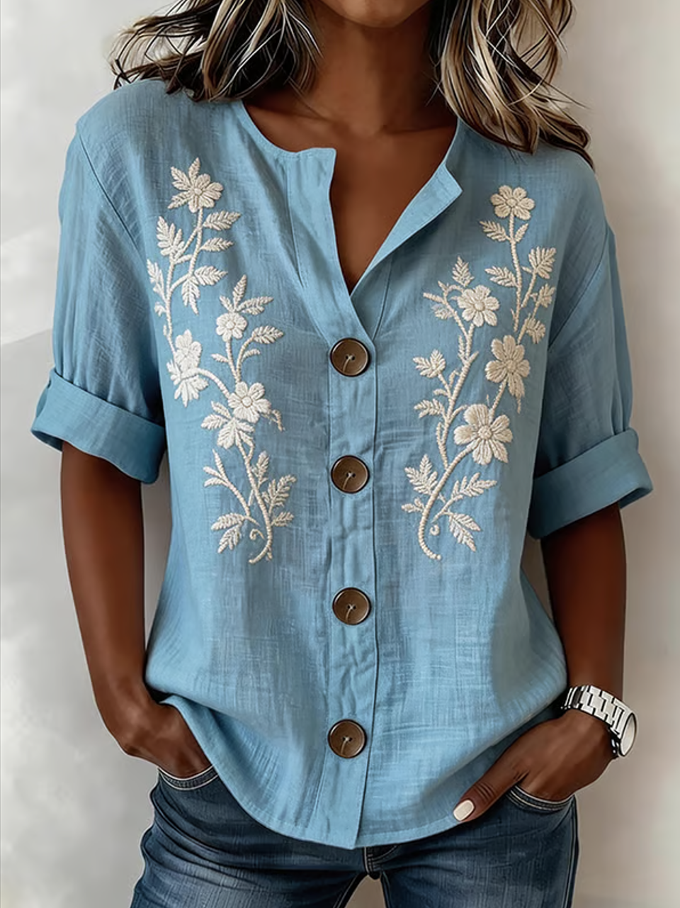 Loose Linen Blend Stand Collar Casual Shirt