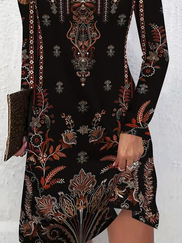 Women's Long Sleeve Summer Black Floral Printing V Neck Holiday Going Out Vintage Midi A-Line Tunic Dress