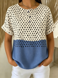 Polka Dot Color Block Print Lightweight Henley Short Sleeve T-Shirt