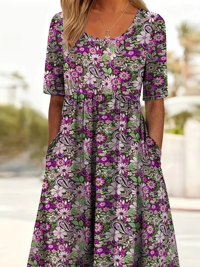 Women's Short Sleeve Summer Purple Floral Printing Crew Neck Daily Going Out Casual Maxi H-Line Shift Dress Dress