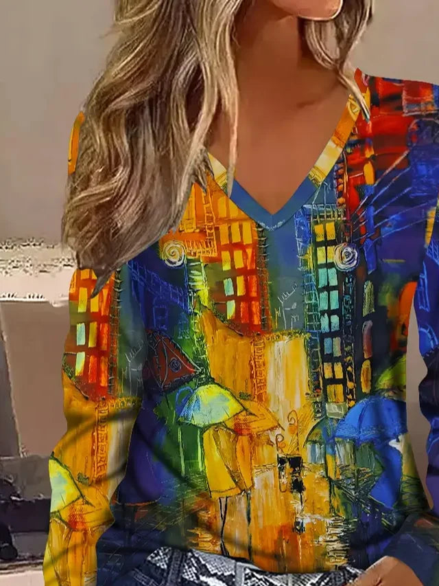 Women's Long Sleeve T-shirt Spring/Fall As Picture Abstract Printing Jersey V Neck Daily Going Out Casual Top