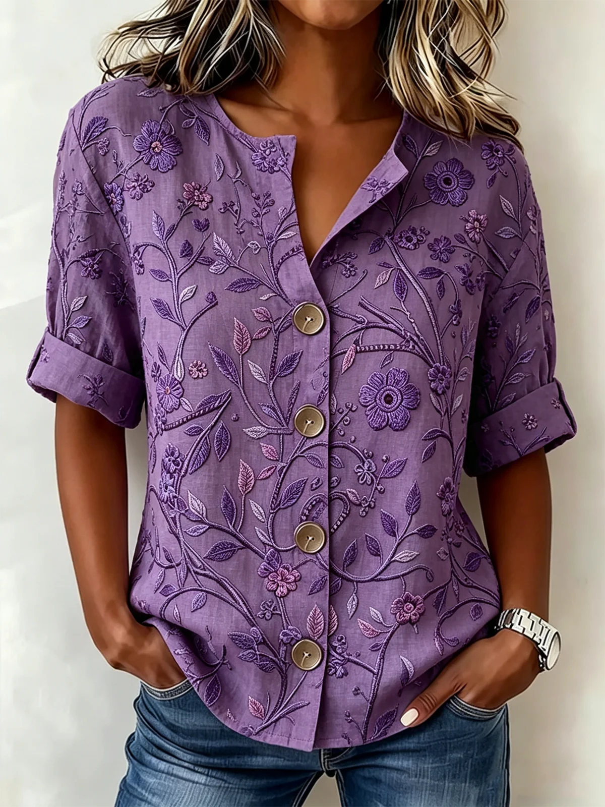 Women's Purple Floral Print Blouse Short Sleeve Button Down Casual Top