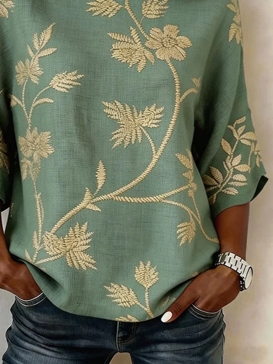 Women's Half Sleeve Blouse Summer Green Floral Printing Crew Neck Daily Going Out Vintage Top