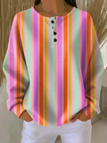 Women's Color Stripes Print Button-Up Casual Waffle Knit Sweatshirt