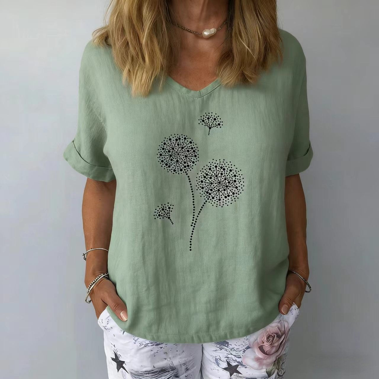 Women's V-Neck Short-Sleeve Blouse â€?Textured Linen