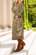 Women's Long Sleeve Spring/Fall Brown Floral Crew Neck Daily Going Out Casual Midi A-Line T-Shirt Dress Dress