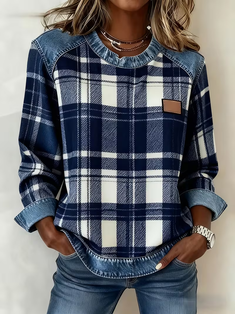 Women's Plaid Print Patchwork Denim Crewneck Long-Sleeved Sweatshirt