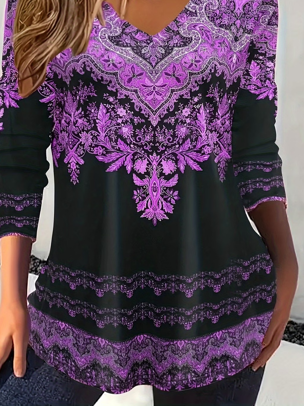 Women's Long Sleeve T-shirt Spring/Fall Purple Ethnic Printing Jersey V Neck Daily Going Out Casual Top