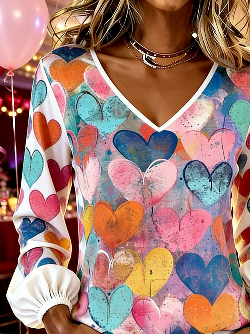 V Neck Heart/Cordate Vintage Loose T-Shirt