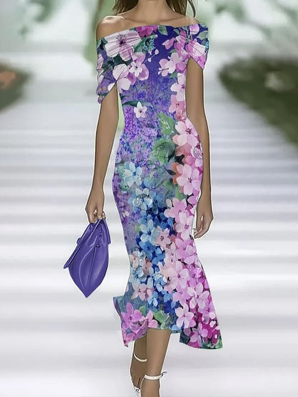 Women's Cap Sleeve Summer Purple Floral Printing Cold Shoulder Daily Going Out Vintage Maxi H-Line Dress