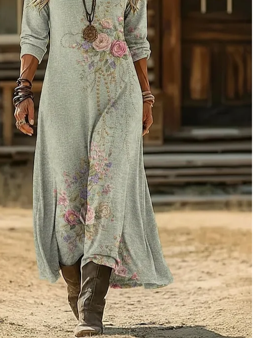V Neck Vintage Loose Dress With No