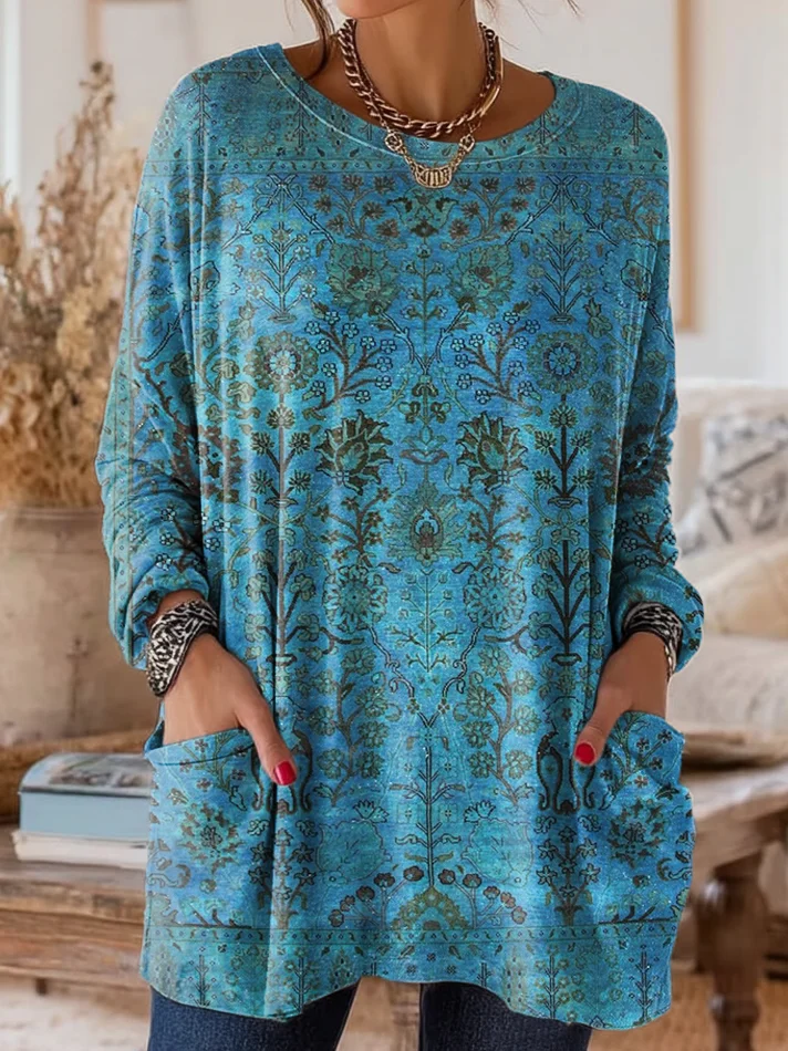 Women's Long Sleeve T-shirt Spring/Fall Blue Floral Printing Crew Neck Daily Going Out Casual Top