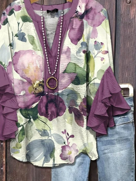 Women's Half Sleeve Shirt Summer Purple Floral Printing V Neck Daily Going Out Casual Top
