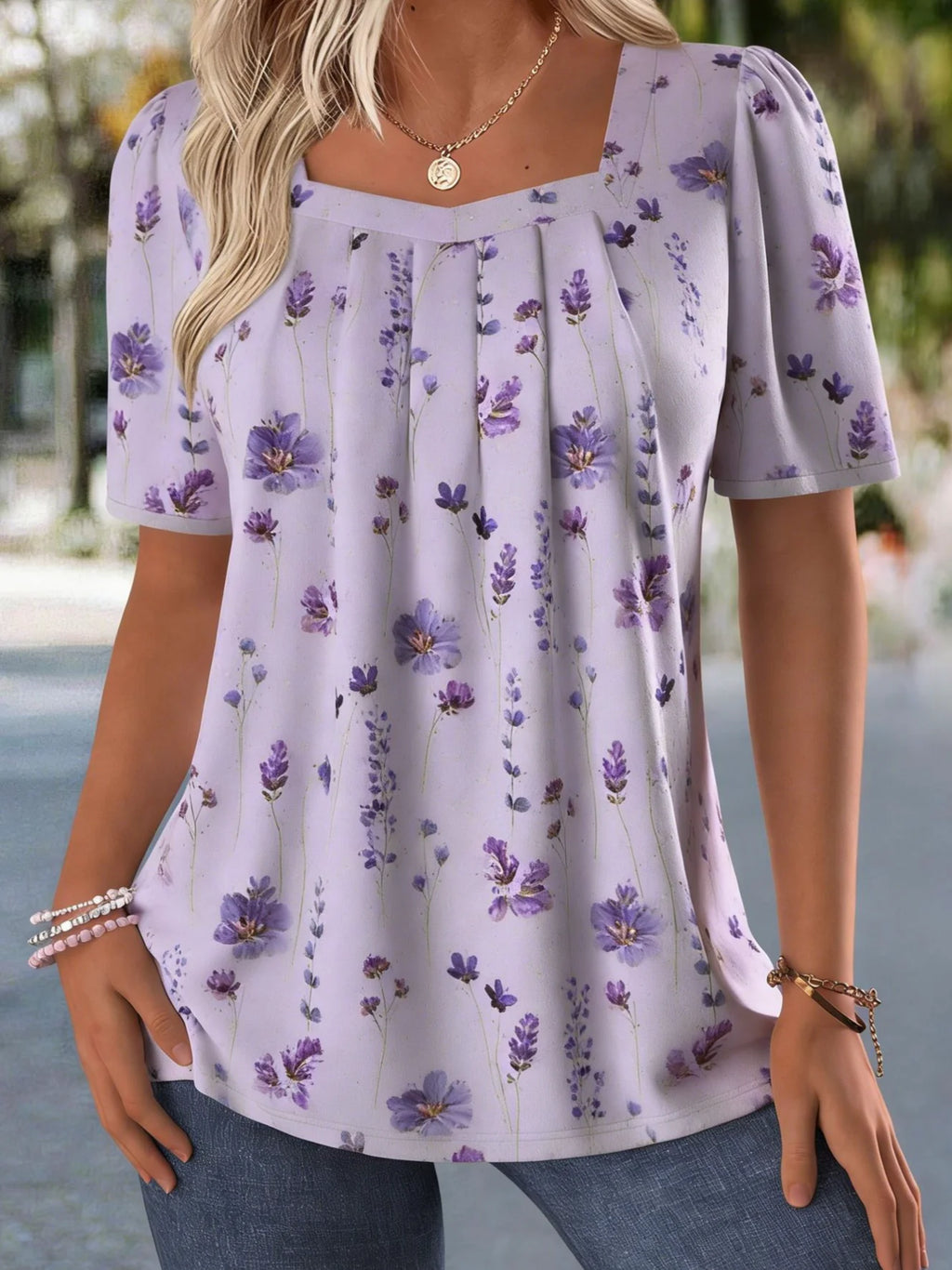 Elegant Square Neck Floral T-Shirt